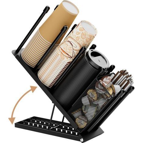Porte-gobelet en papier - Organiseur de porte-gobelets - Avec panier de rangement pour dosettes de café et pailles - Noir (1/5)