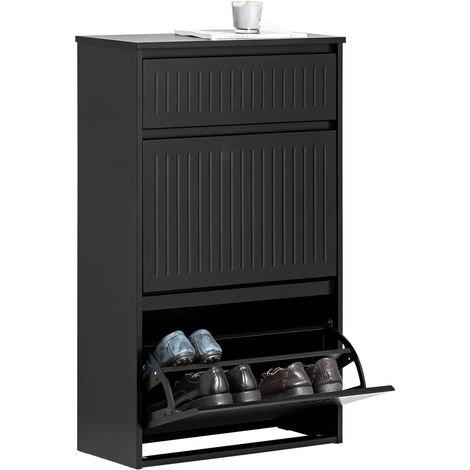 Sobuy – Meuble à chaussures FSR165SCH – 2 abattants + 1 tiroir – Dimensions L61 x P26 x H101 cm – MDF noir pour petite entrée (1/7)