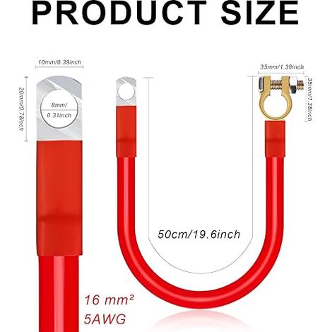 16mm² 50cm 100A Battery Cable with Clips for Motorhome (Red, Black) (1/4)
