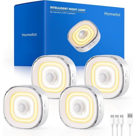 Veilleuses avec détecteur de mouvement, 68 LED, 100 lm, lot de 4  Rechargeables, 3 couleurs et longue autonomie pour escaliers, couloirs, chambres, armoires et cuisines (1/5)