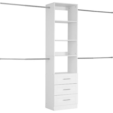 Mophorn Perchero ajustable de madera con 3 cajones, organizador de armario con 4 barras extensibles de 575 a 1020mm, sistema modular para vestidores, capacidad de 362,7kg,1670–2560x379x2057 mm,blanco (1/5)