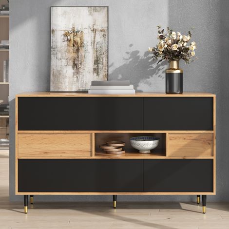 Credenza 140x40x84.5 cm mobile soggiorno buffet per sala da pranzo moderna madia con 4 ante 2 cassetti e vano a giorno in legno e nero con piedi in metallo - nero e naturale (1/5)