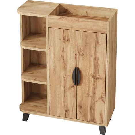 Schmaler Schuhschrank mit Doppeltür und offenen Fächern, Holzoptik, 80 x 32 x 99 cm (1/5)