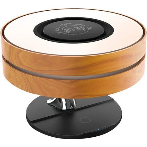 Silumen – Lampe de chevet ronde dimmable tactile avec enceinte Bluetooth et chargeur sans fil – Corps en bois – Mode veille automatique