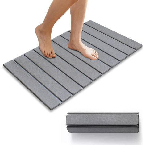 Tapis de Bain en Pierre,Tapis de Bain antidérapant Pliable en Terre de diatomée Naturelle,antidérapant, Super Absorbant, Tapis de Sol pour Salle de Bains, Maison et Cuisine (Gris Clair, L) (1/5)