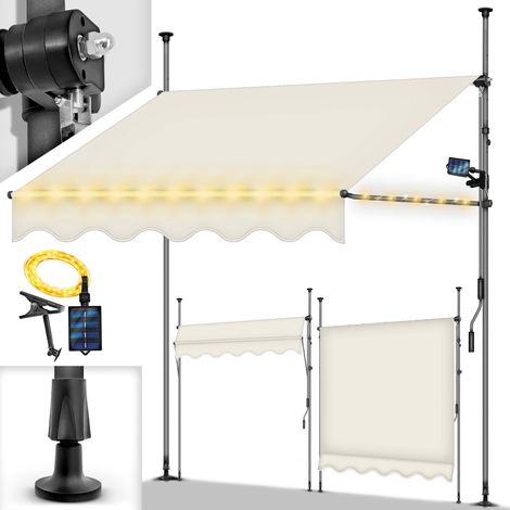 tillvex Toldo de abrazadera de 400 cm color arena con LED solar y manivela para balcón Toldo para balcón sin taladrar Toldo resistente a los rayos UV y regulable en altura Protección solar impermea (1/5)