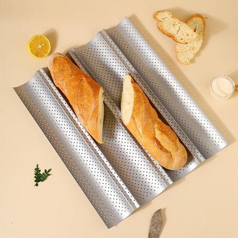Moule à baguettes, accessoires de cuisson, plaque de cuisson avec revêtement anti-adhésif pour 4 baguettes (38 x 32,5 x 2,5 cm, argenté) (1/4)