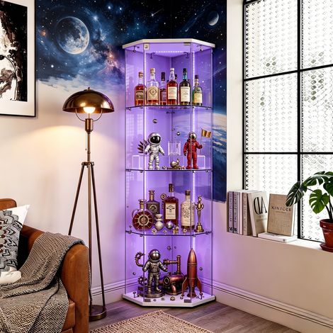 JOOKGBD-Vitrine d'angle en Verre avec LED,Vitrine pour Collection,Armoire Vitrine Pour Collection avec 1 Porte 4 étagères Transparent,Meuble VITRINES Verre,Blanc