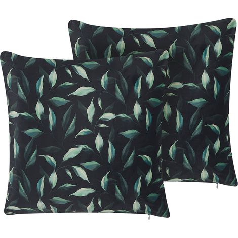 Conjunto de 2 cojines de terciopelo negro verde patrón de hojas 45 x 45 cm funda extraíble cremallera moderno Toadflax