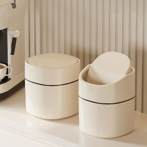 Poubelle de bureau couleur crème, style Instagram, usage domestique, couvercle à bouton-poussoir, poubelle hygiénique, mini-poubelle de bureau/voiture, couvercle à charnière blanc cassé. (1/4)