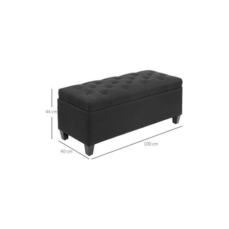 Banquette coffre noire en bois d hévéa et polyester effet lin, 100 x 40 x 44 cm, avec assise rembourrée et rangement, pour entrée (1/5)