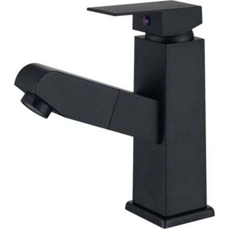 Black Basin Mixer Tap with Pull-Out Spray Head, Single Lever Bathroom Faucet in Stainless Steel - Basin Mixer Tap (1/4)