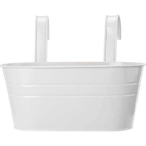 Set aus 2 hängenden Blumentöpfen mit abnehmbaren Haken, aus Weißblech, für Balkon oder Geländer. (1/5)