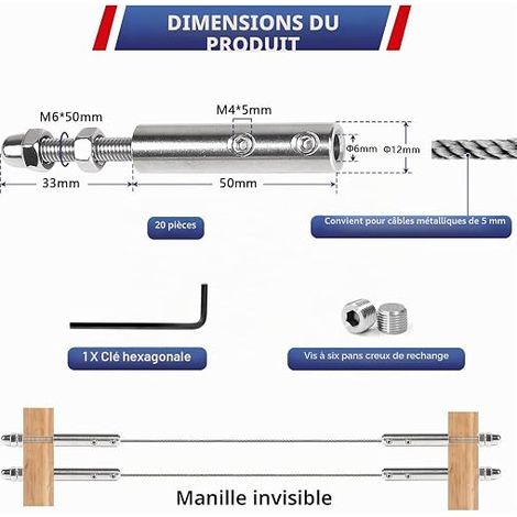 Tendeurs pour câble 5 mm Serre-câble en inox avec tige filetée et clé Allen, Garniture de tension pour câbles en acier, idéale pour les installations de clôtures ou rambardes (1/4)