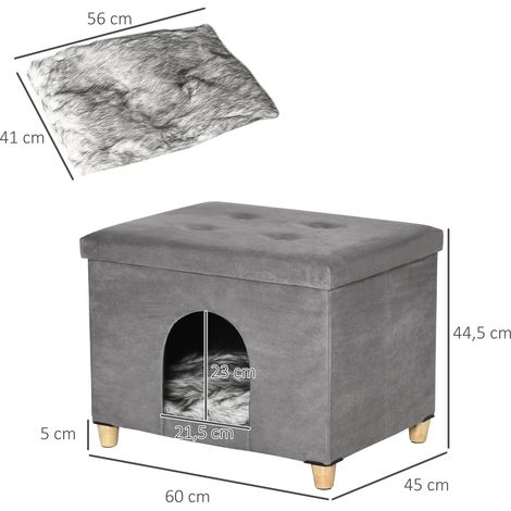 Grotte pour chat, lit pour chat, maison pour chat 2 en 1, repose-pieds avec coussin, pieds en bois, tente pour chat, niche pour animaux, gris, 60 x 45 x 44,5 cm (1/5)