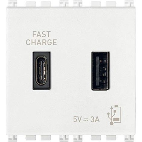 Vimar 19295.AC.B Arké Presa USB 5 V 3 A, 1 uscita USB tipo A e 1 tipo C, erogano complessivamente 3 A per caricare un dispositivo fino a 3 A o contemporaneamente due dispositivi