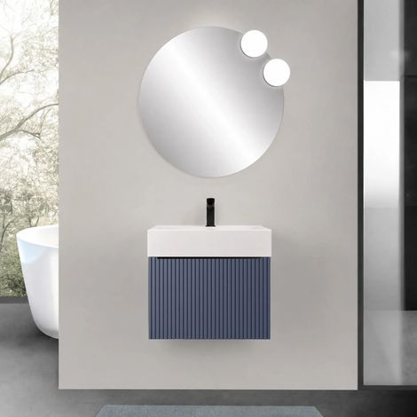 Mobile bagno sospeso 70 cm blu notte con un cassetto e lavabo alto in resina Nara (1/5)