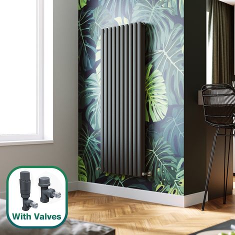ELEGANT 1600 x 590 mm Anthracite Vertical Column Radiator Double Oval Panel Designer Bathroom Radiator + Anthracite Thermostatic Radiator Valves (1/5)