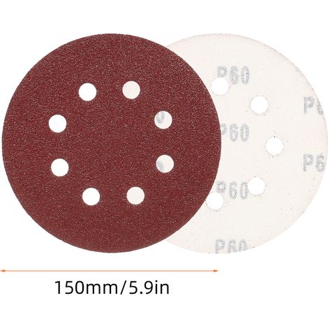Dischi abrasivi da 5,9 pollici (150 mm), 8 fori, grana 240/180/120/80/60 per levigatrice roto-orbitale, 50 pezzi. (1/5)