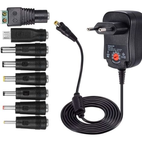 Bloc d'alimentation universel AC-DC Ulisem 12 W (3 V, 4,5 V, 5 V, 6 V, 7,5 V, 9 V et 12 V) avec 8 ports d'adaptateur sélectionnables, max. 1 000 mA, câble de charge de 115 cm. (1/4)