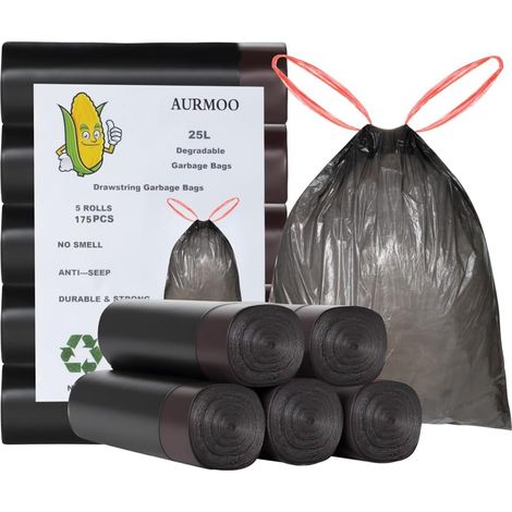 175 x 25 L Bin Liners with Drawstring Degradable Bin Liners, Kitchen Garbage Bag, Garbage Bag, Garbage Bags with Attachment Band, 50 x 60 cm (1/5)