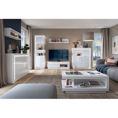 Modernes Wohnzimmer Komplett Set in weiß Hochglanz, 7-teilig, inkl. indirekter Beleuchtung (1/5)