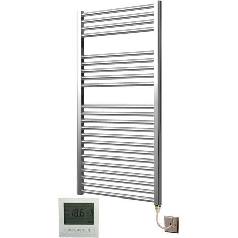Extra High Heat Output Chrome Electric Towel Rail 600 x 1200mm Flat Bathroom Radiator Heater + 7 Day Timer/Thermostat