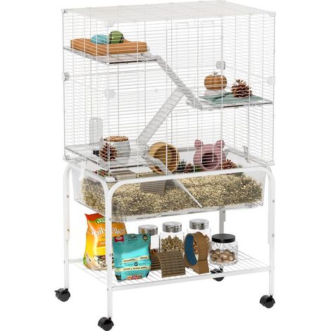 Cage blanche 4 niveaux sur roulettes avec bac profond, rampes et plateformes, 73x47x123 cm, habitat spacieux pour rongeurs design