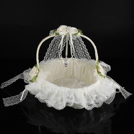 Hochzeitskorb aus Bambus mit Satinschleife und romantischer Spitze, Blumenkorb für Brautjungfern, Dekoration für Zeremonie und Feier (1/5)
