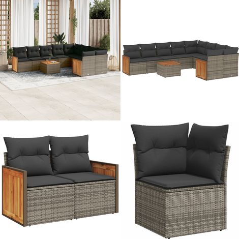10-tlg. Garten-Sofagarnitur mit Kissen Grau Poly Rattan - Gartenmöbel Set - Rattan Möbel - Outdoor Lounge - Esstisch - Sofas - Home & Living (1/5)