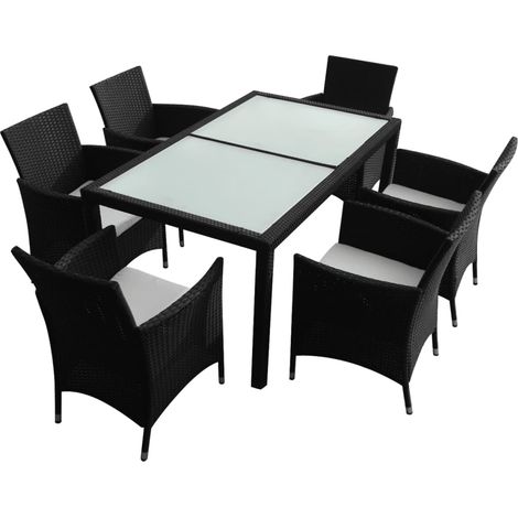 Set da pranzo per mobili da giardino 7 pezzi con cuscini in resina intrecciata nera 020014932