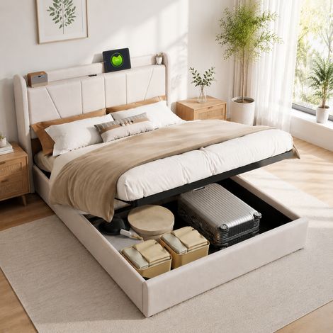 Lit double rembourré avec rangement de chevet 140 x 200 - Lit gonflable adulte 140 x 200 - 2 ports USB et 1 port Type-C - Lin beige - Style moderne (1/5)