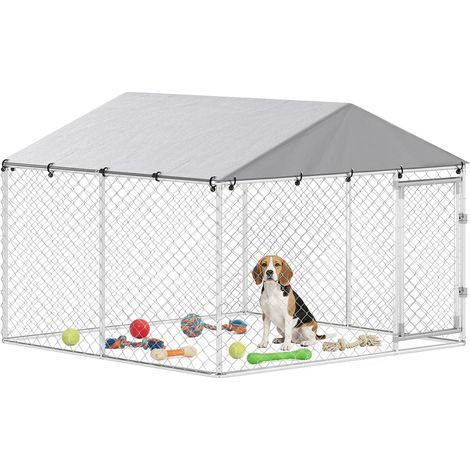 Enclos extérieur pour chien, en acier galvanisé, avec toit en PE, anti-UV, étanche, double verrouillage, argenté (1/5)