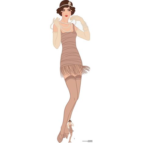 Figurine en carton Gatsby 1920 femme roble Beige avec collier de perles vintage - H 177 cm (1/5)
