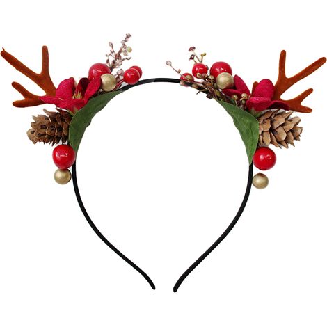 Headband Renne De Noël - Cornes En Peluche Avec Pommes De Pin Et Baies - Pour Fête De Fin D Année Et Réveillon - Taille Unique (1/5)