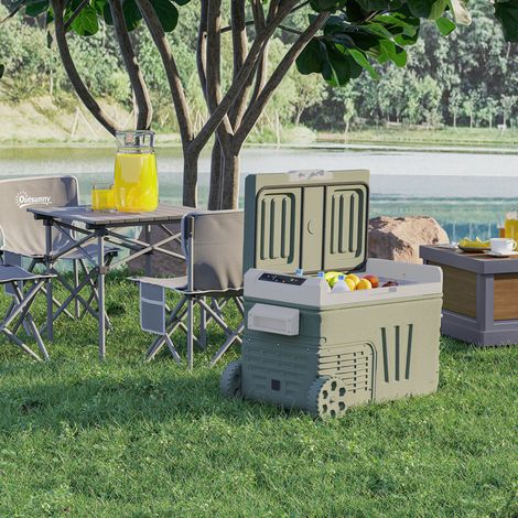 Frigorifero da campeggio da 33 litri, borsa frigo da viaggio, frigorifero portatile per auto con 2 scomparti e ruote, in plastica, verde.