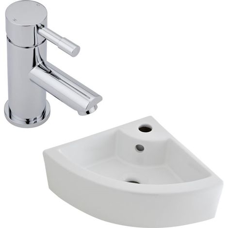 Milano Newby 460mm x 320mm White Ceramic Wall Hung Corner Bathroom Basin Sink - With Mixer Tap