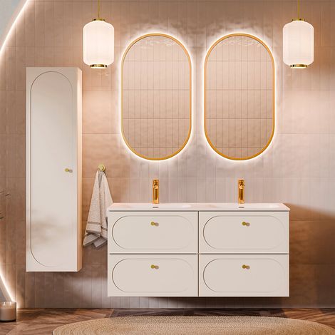 Ensemble meuble double vasque encastrée 120cm et colonne Sanae Beige sable (1/5)