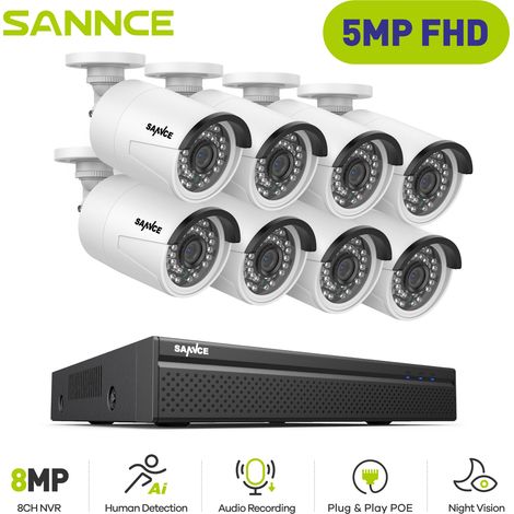 SANNCE 5MP Kit de Videovigilancia Exteriores 8 Cámaras IP Visión Nocturna Inteligente Infrarrojos H.265+ PoE Sistema Cámaras Seguridad (1/5)