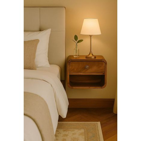 Comodino sospeso in legno massello stile naturale, marrone miele caramello, 1 cassetto e 1 vano aperto