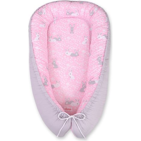 Capullo para bebé, doble cara, corralito, arrullo, Premium BOBONO - conejitos rosa/gris (1/5)