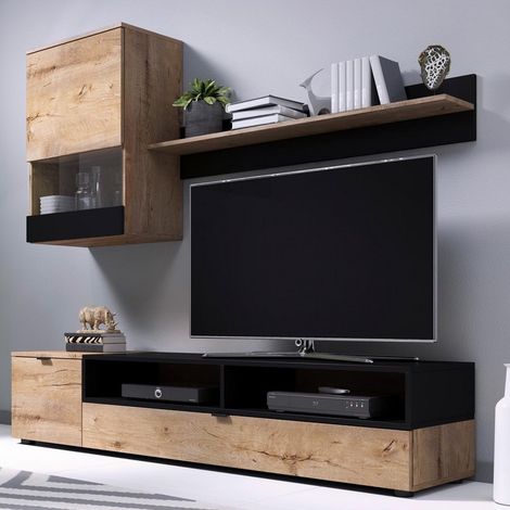 Ensemble meuble TV aspect chêne Lefkas et noir mat STREAM (1/4)