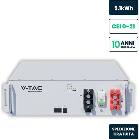Batterie de stockage en rack V-TAC 5,12 kWh 51,2 V 100 Ah LFP BMS Blanc Garantie 10 ans