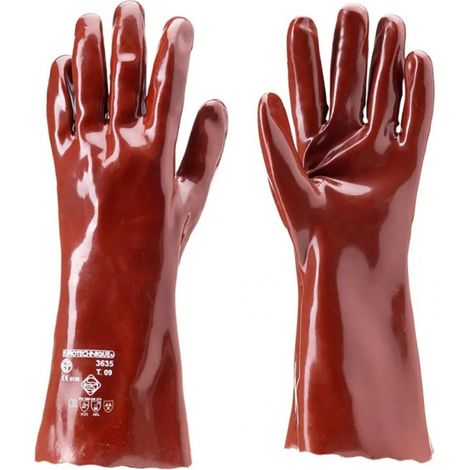Gant de manutention rouge 36 cm – Enduction PVC totale – Manchette sécurité coupe feston – Norme EPI catégorie III – Traitement Sanitized – Eurotechnique (1/6)