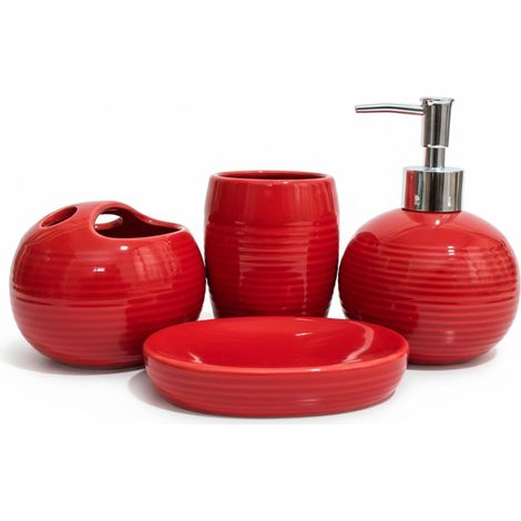 4 Accessoires de salle de bain, Céramique rouge, Distributeur savon, Porte-brosse à dents, Gobelet, Porte-savon, Maison moderne (1/5)