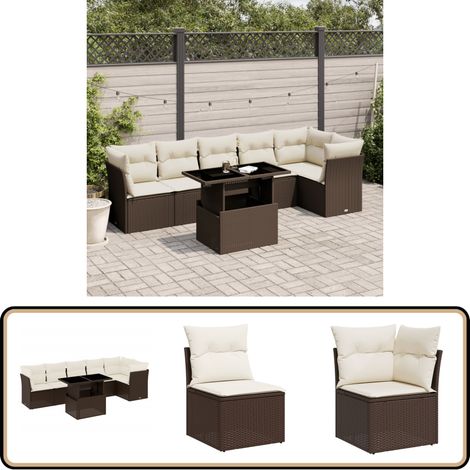 7-tlg. Garten-Sofagarnitur mit Kissen Braun Poly Rattan - Gartensorte - Gartenmöbelset - PE-Rattan Möbel - Outdoor Sofa - Lounge Set