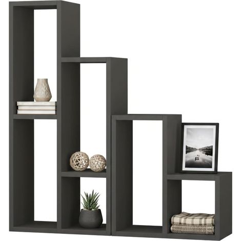 Libreria Isang, Biblioteca 6 Ripiani, Installazione a Muro, Sfumatura Colore Struttura Antracite, 42x20x89h cm Nero Antracite