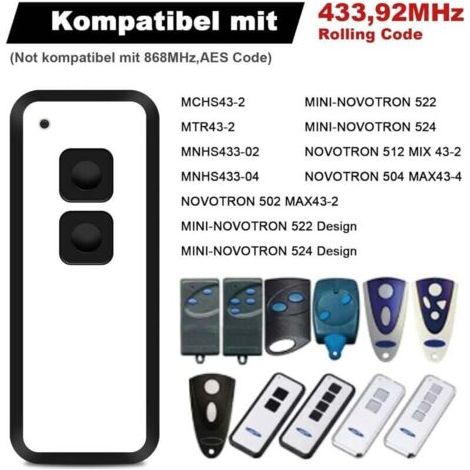 NALOOKAMIC Novoferm Lot de 3 émetteurs portatifs 433,92 MHz pour porte de garage Novotron 522, 524, 502 MAX43-2, 512 Mix 43-2, 2 canaux