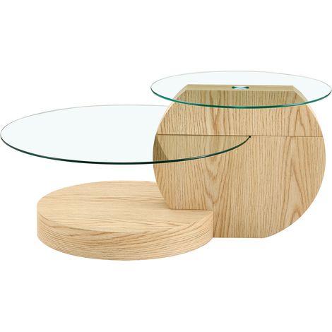 Table basse 90x70x44 cm en MDF et verre, effet bois clair, rangement à étages pour salon – MEUBLIV (1/5)