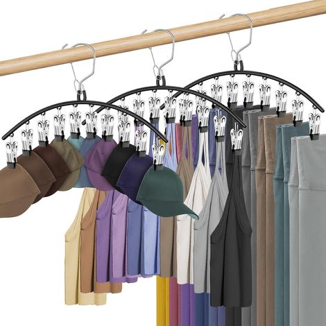 Lot de 3 cintres noirs à pinces pour pantalons et jupes – 10 pinces chacun – pour leggings, jeans et jupes – organisateurs de garde-robe gain de place (1/4)